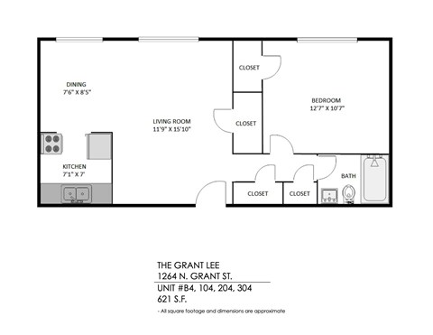 Floor plan for 1 bed, 1 bath, 714 sqft